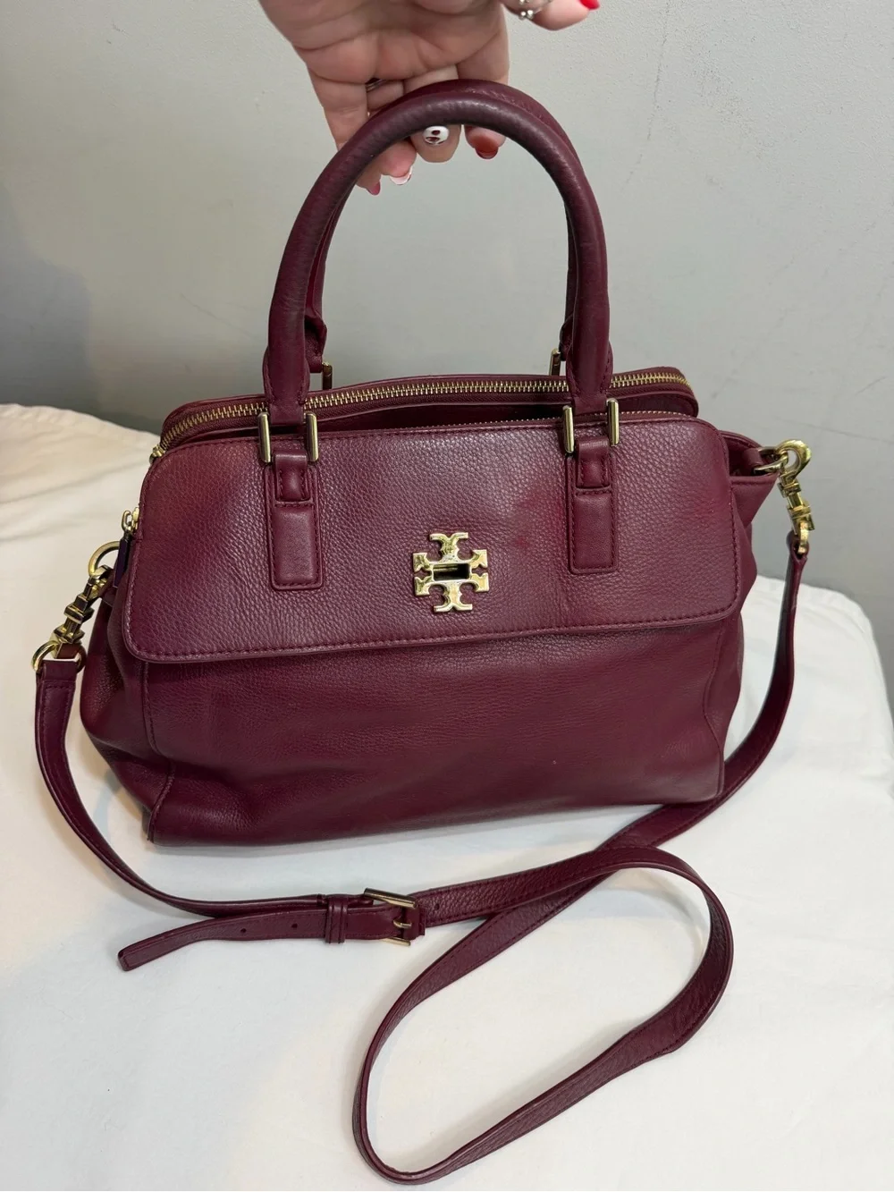 Tory Burch burgundy red Mercer Double Zip Dome Pebbled Leather Satchel/Crossbody